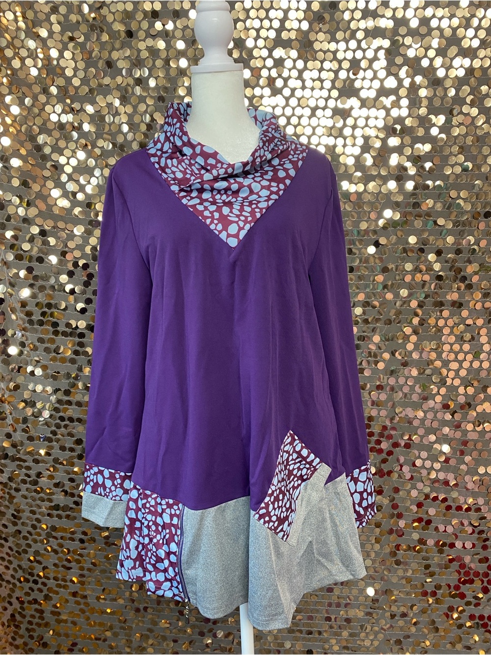 Purple Mixed-Print Tunic Top with Cowl Neck #1528